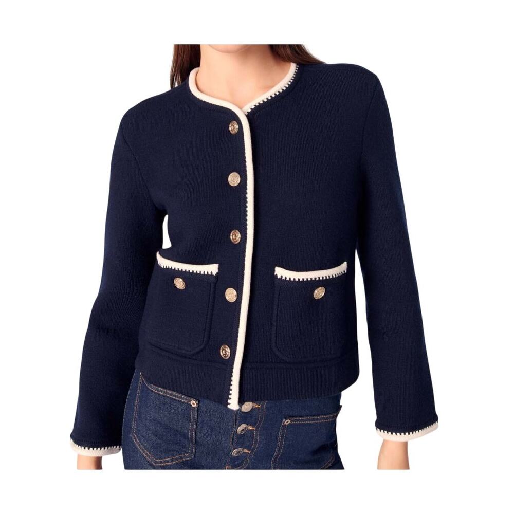Maje Blue White Size Small Mopeline Contrast Trim Cardigan Wool Quiet Luxury